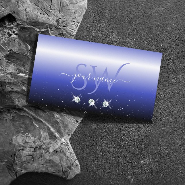 Modern Blue Black Ombre Sparkle Diamonds Initials Business Card (Creator Uploaded)