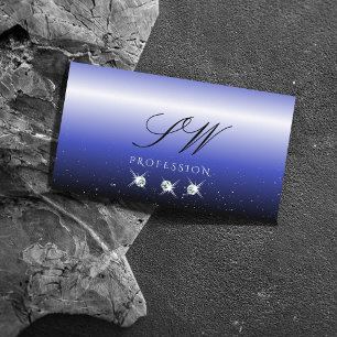 Modern Blue Black Ombre Sparkle Diamonds Monogram Business Card