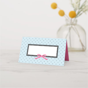 Modern Blue Black Polka Dot with Pink Ribbon Place Card