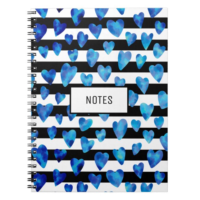 Modern Blue Black Striped Love Heart Personalised Notebook (Front)