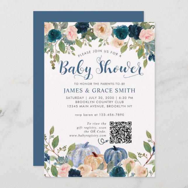Modern Blue Blush Pink Floral Pumpkin Baby Shower Invitation (Front/Back)