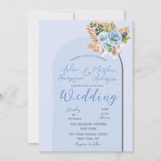 Modern Blue Boho Arch Pampass Grass Floral Wedding Invitation (Front)