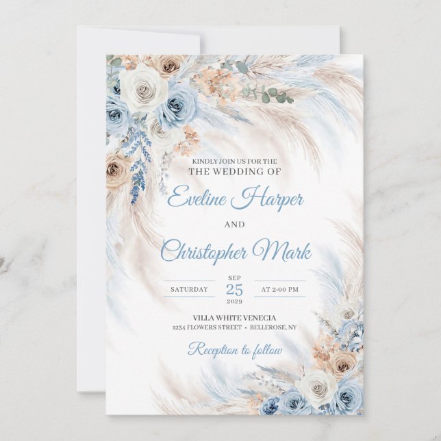 Modern blue boho flowers roses pampas tropical  invitation (Front)