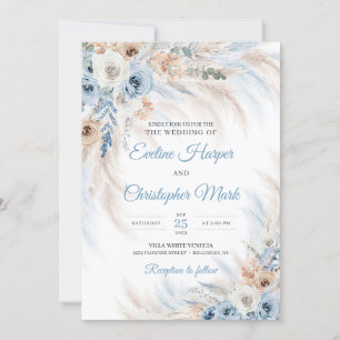 Modern blue boho flowers roses pampas tropical  invitation