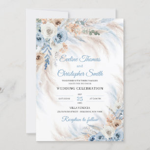 Modern blue boho flowers roses pampas tropical  invitation