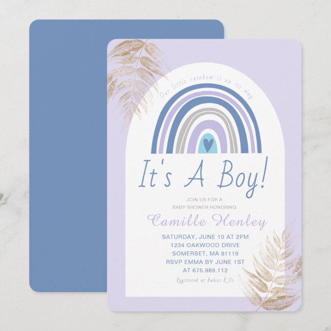 Modern Blue Boho Rainbow It's A Boy Baby Shower Invitation (Front/Back)