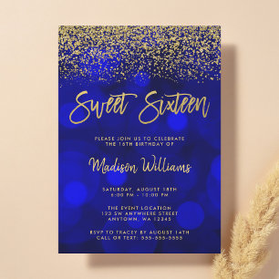 Modern Blue Bokeh Gold Glitter Sweet 16 Invitation