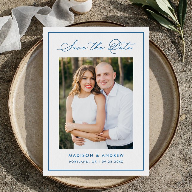 Modern Blue Border Script Photo Wedding Save The Date (Creator Uploaded)
