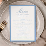 Modern Blue Border Wedding Menu<br><div class="desc">This wedding menu features “Menu” in soft light blue calligraphy, paired with classic serif lettering for the couple’s details and dining selections. A pale blue border frames the design with an airy, graceful look that feels perfect for spring, summer, and coastal celebrations. The clean layout keeps the focus on the...</div>