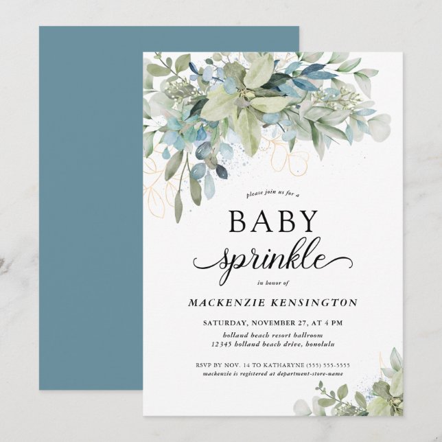 Modern Blue Botanical Eucalyptus Baby Sprinkle  Invitation (Front/Back)