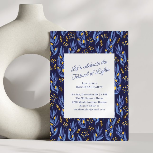 Modern Blue Botanical Family Hanukkah Party Invitation (Creator Uploaded)