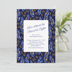 Modern Blue Botanical Family Hanukkah Party Invitation