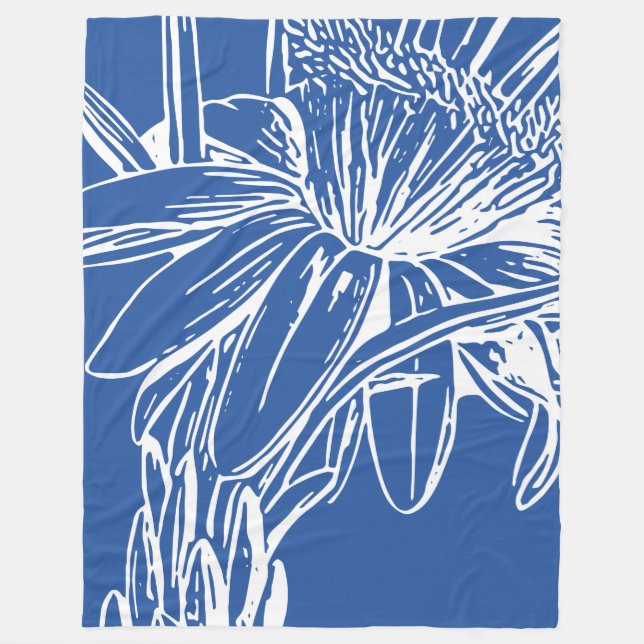 Modern Blue Botanical Floral Line Drawing Artwork Fleece Blanket (Front)