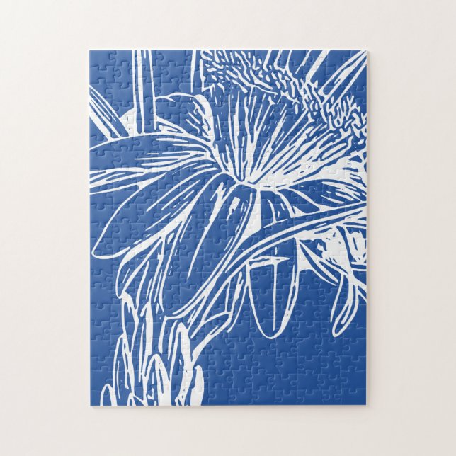 Modern Blue Botanical Floral Line Drawing Artwork Jigsaw Puzzle (Vertical)