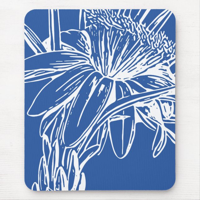 Modern Blue Botanical Floral Line Drawing Artwork Mouse Mat (Front)