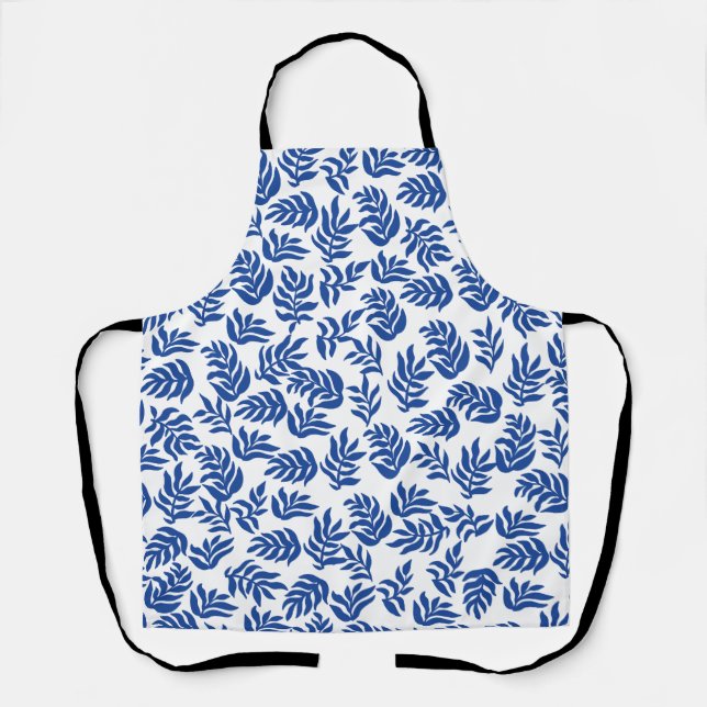 Modern Blue Botanical Leaves Pattern Apron (Front)