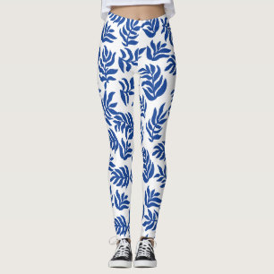 Modern Blue Botanical Leaves Pattern Leggings