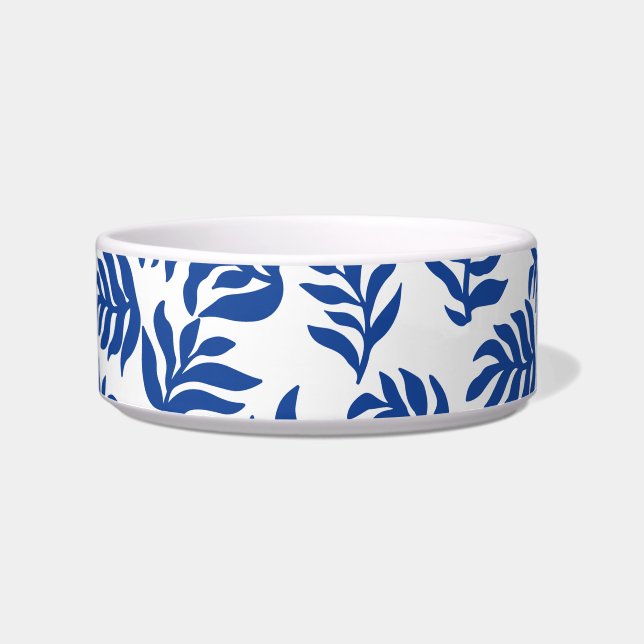 Modern Blue Botanical Leaves Pattern Pet Bowl (Front)
