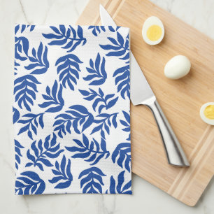 Modern Blue Botanical Leaves Pattern Tea Towel
