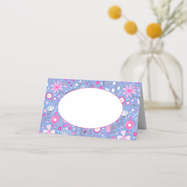 Modern Blue Botanical Wildflower Floral Pattern Place Card (Front)