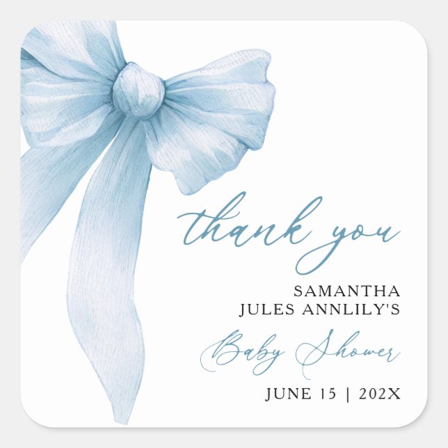 Modern Blue Bow Baby Shower Thank You Square Sticker (Front)