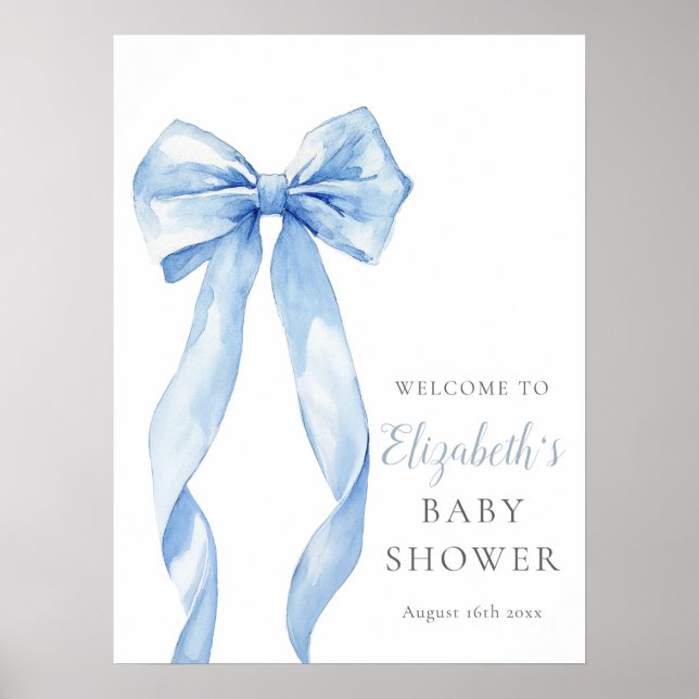 Modern Blue Bow Baby Shower Welcome Sign (Front)