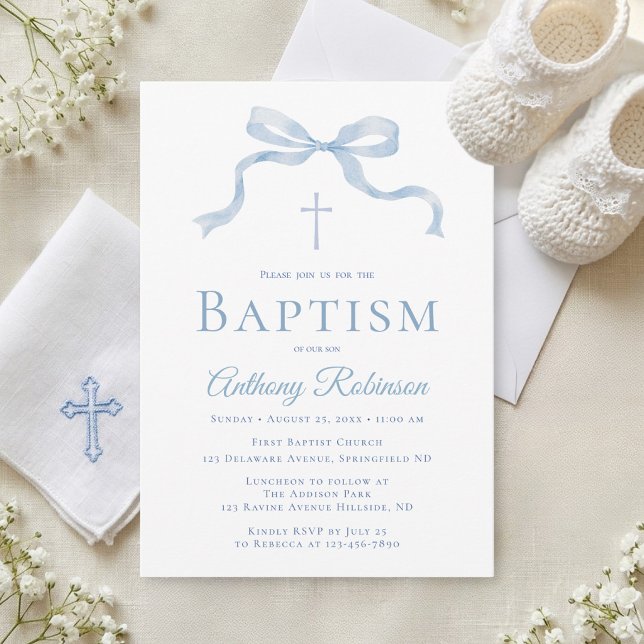 Modern Blue Bow Baptism Invitation for Boy (Creator Uploaded)