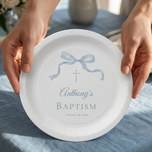 Modern Blue Bow Baptism Paper Plate