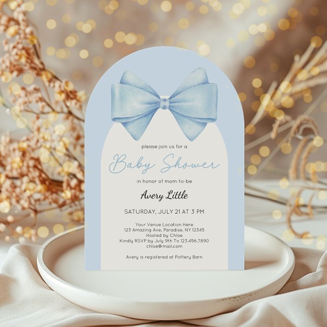 Modern Blue Bow Boy Baby Shower Invitation (Creator Uploaded)