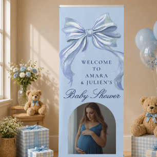 Modern Blue Bow Boy Baby Shower Photo Welcome Retractable Banner