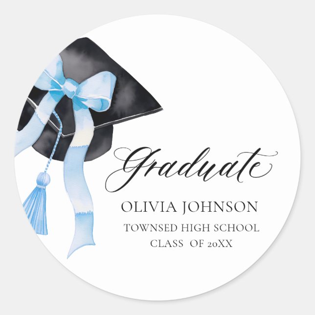 Modern Blue  Bow Coquette Graduation Cap Graduate Classic Round Sticker (Front)
