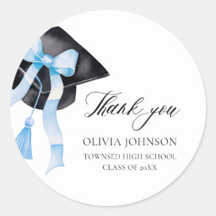 Modern Blue Bow Coquette Graduation Cap Graduation Classic Round Sticker