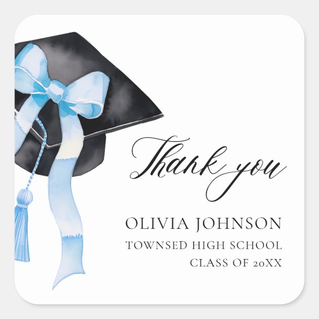 Modern Blue Bow Coquette Graduation Cap Thank you Square Sticker (Front)