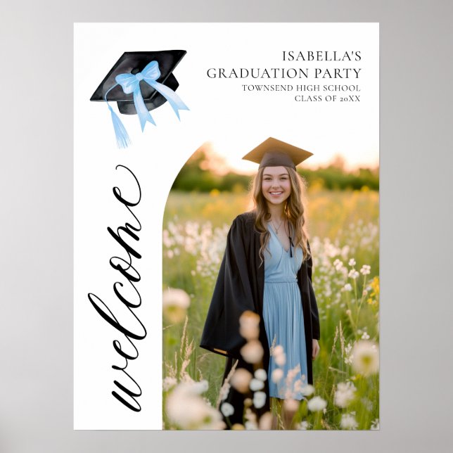 Modern Blue Bow Coquette Graduation Cap Welcome Poster (Front)