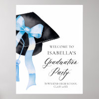 Modern Blue Bow Coquette Graduation Cap Welcome