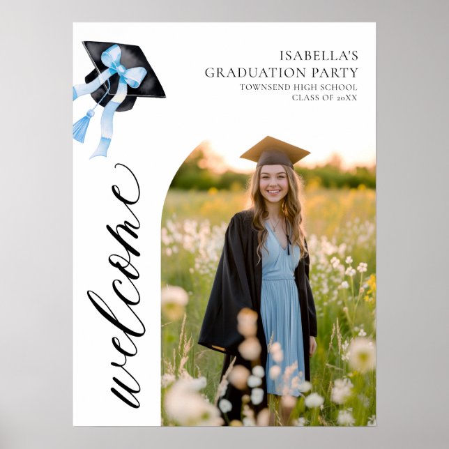 Modern Blue Bow Coquette Graduation Cap Welcome Poster (Front)