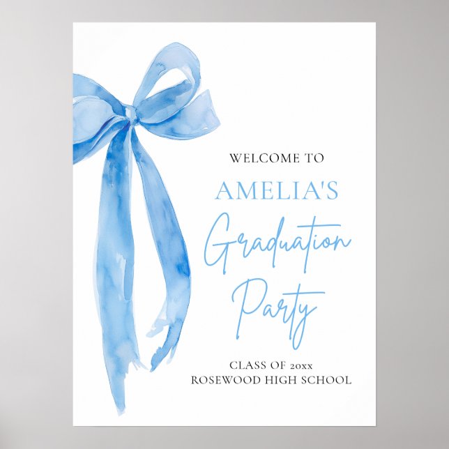 Modern Blue Bow Coquette Graduation Party Welcome Poster (Front)
