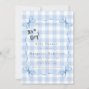 Modern Blue Bow Gingham Baby It's a Boy Shower Invitation