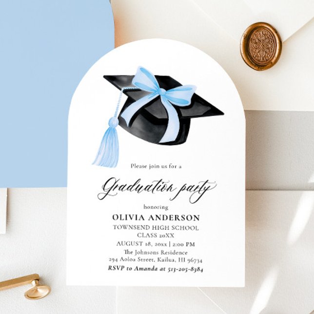 Modern Blue Bow Graduation Cap Graduation Arched Invitation (Creator Uploaded)