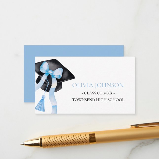 Modern Blue Bow Graduation Cap Insert Name Card (Front/Back In Situ)