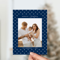 Modern Blue Bow Pattern Family Photo Christmas