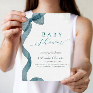Modern Blue Bow Snowflake Winter Baby Shower Invitation