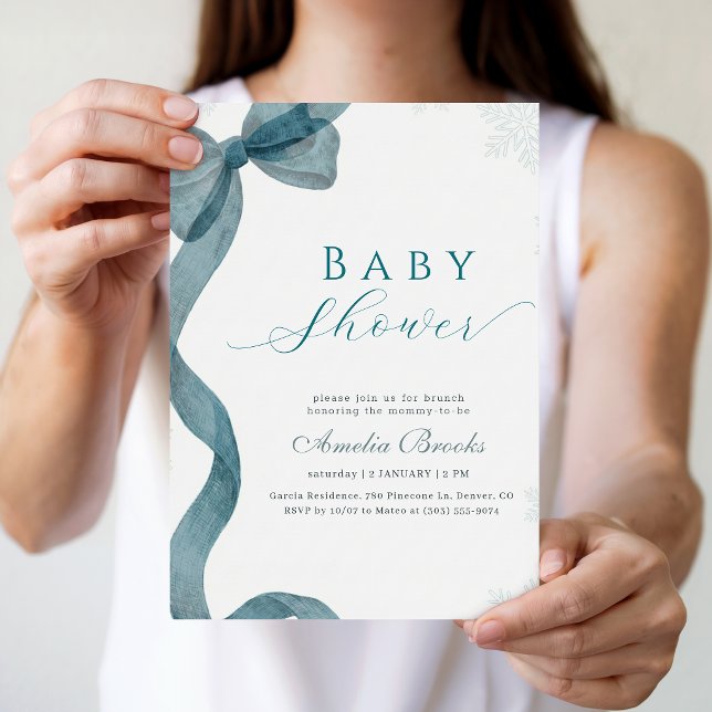 Modern Blue Bow Snowflake Winter Baby Shower Invitation (Creator Uploaded)