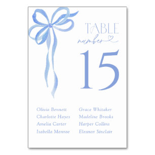 Modern Blue Bow Watercolor Script Bridal Shower Table Number