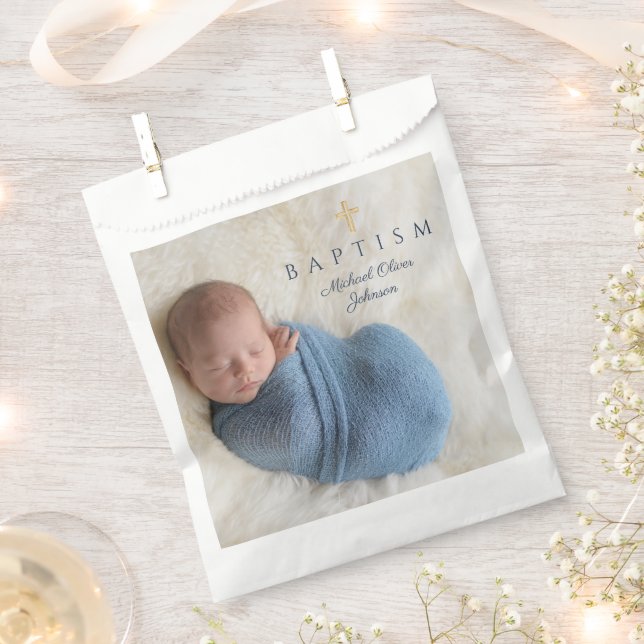 Modern Blue Boy Baptism Photo Favour Bags (Clipped)