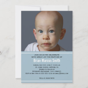 Modern Blue Boy Baptism Photo Invitation