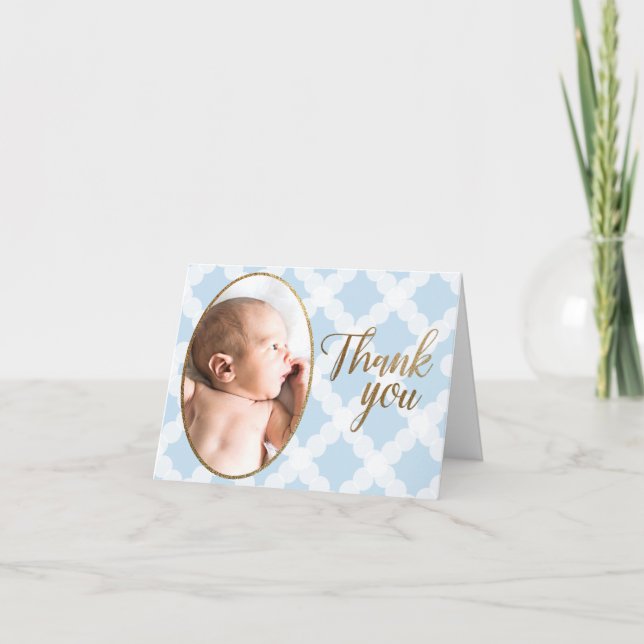 Modern Blue Boy photo Baby Shower  Thank You Card (Front)