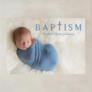 Modern Blue Boy Photo Baptism  Invitation