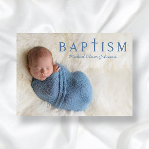 Modern Blue Boy Photo Baptism  Invitation