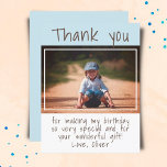 Modern Blue Boy Photo Birthday Thank you  Postcard<br><div class="desc">Modern Blue Boy Photo Birthday Thank you Postcard. Modern thank you postcard for kids with a blue and white background,  thank you text and your message and name. Personalise with your favourite photo of a birthday girl or boy. Thank your friends and family for their gifts and wishes.</div>